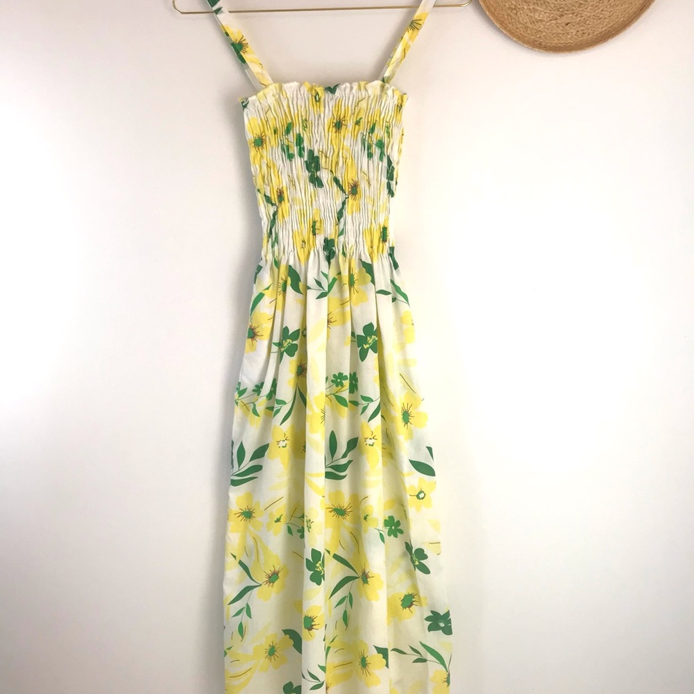 Vintage Floral Midi Sun Dress with Shirred Bodice.